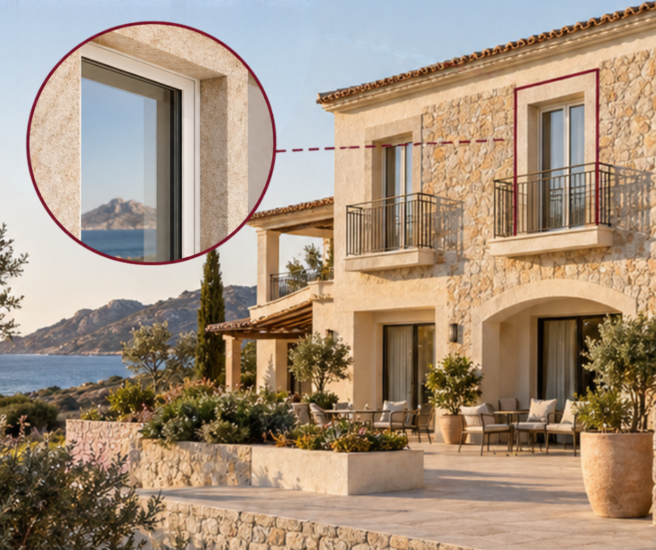 Finestra in PVC in una camera d'albergo in Sardegna con vista sul mare